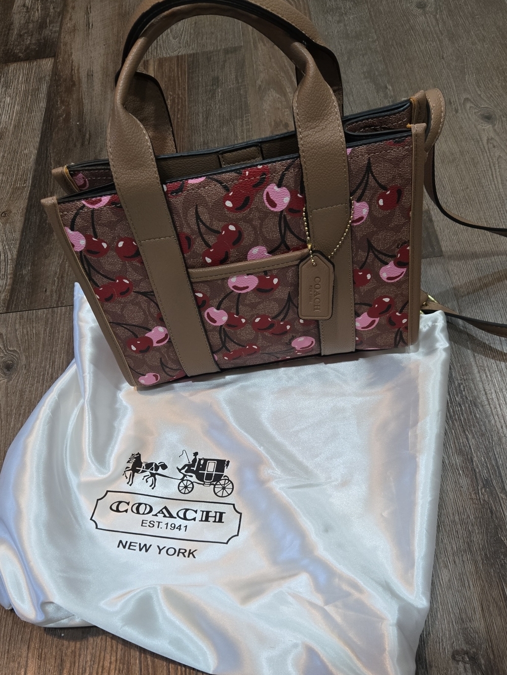 Coach Cherry-Print Tote in Brown with Pink and Red Cherries